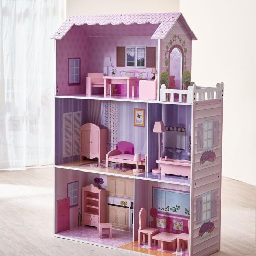  Teamson Kids - Fancy Mansion Wooden Dollhouse with 13 pcs Furniture for 12 inch Dolls,Multi-color,32.00x11.50x51.50 , Pink