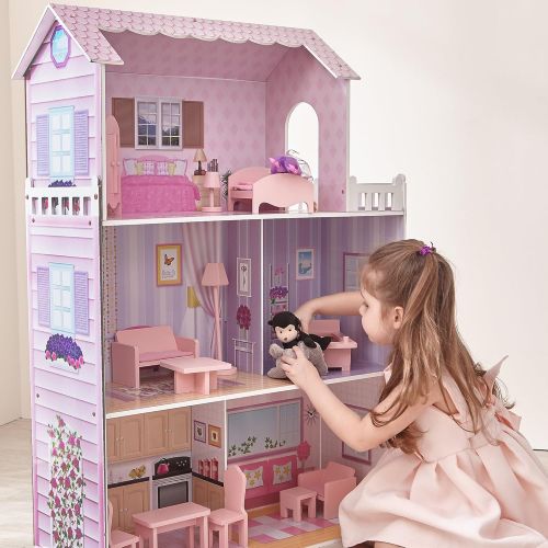  Teamson Kids - Fancy Mansion Wooden Dollhouse with 13 pcs Furniture for 12 inch Dolls,Multi-color,32.00x11.50x51.50 , Pink