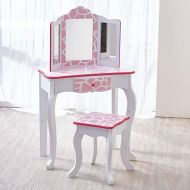 Teamson Kids - Fashion Prints Girls Vanity Table and Stool Set with Mirror - Giraffe (Baby Pink  White)