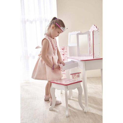  Teamson Kids - Fashion Prints Girls Vanity Table and Stool Set with Mirror - Giraffe (Baby Pink  White)