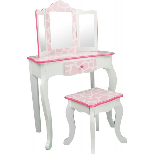  Teamson Kids - Fashion Prints Girls Vanity Table and Stool Set with Mirror - Giraffe (Baby Pink  White)