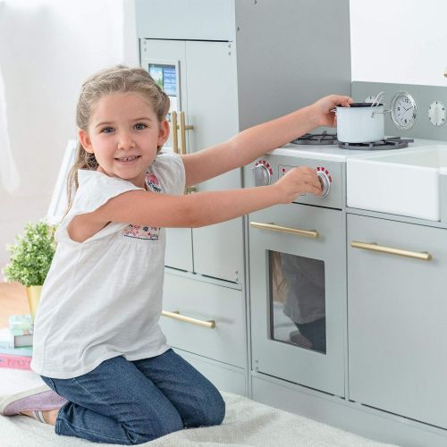  Teamson Kids - Modern Wooden Play Kitchen Set with Working Ice Maker and Removable Sink - Silver Grey