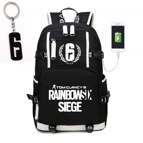  Teaspen Tom Clancy Rainbow Six Siege Luminous USB Charging Port Backpack Black Oxford Cloth Bag Includes Free R6 Keychain