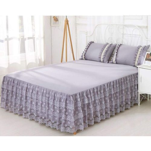  Tebery XRCQ Lace Ruffle Full Bed Skirt 18 inch Drop Dust Ruffle Easy Fit Gathered Style 3 Sided Coverage Romantic Girls Bed Sheets (Queen, Gray)