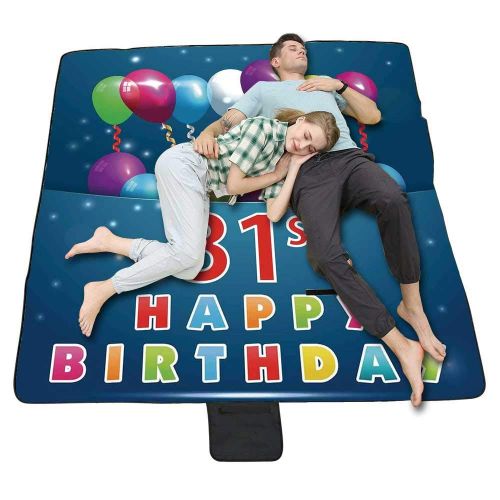  TecBillion 31st Birthday Decorations Outdoor Picnic Blanket,Colorful Vibrant Party Set Up Gifts Candles Flags Confetti Rain Mat for Picnics Beaches Camping,50 L x 78 W