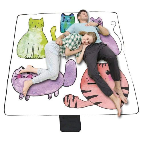  TecBillion Kitten Outdoor Picnic Blanket,Hand Drawn Set of Colorful Cartoon Style Cute Domestic Cats Pets Paws in Watercolors Mat for Picnics Beaches Camping,58 L x 72 W