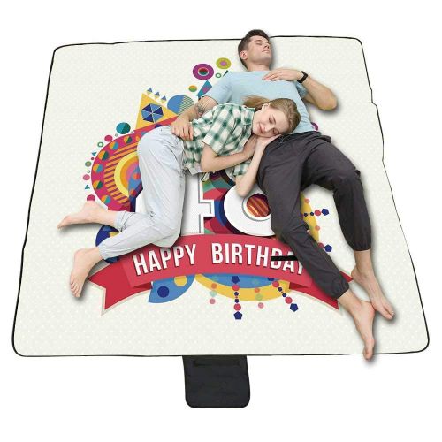  TecBillion 40th Birthday Decorations Outdoor Picnic Blanket,Party Set Up with Flags Chocolate Cake Ribbons and Confetti Rain Mat for Picnics Beaches Camping,50 L x 78 W