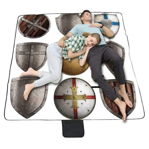  TecBillion Medieval Stylish Picnic Blanket,Shields Set Triangle Cross Pattern Ancient Weapon Protection Rustic Design Mat for Picnics Beaches Camping,58 L x 59 W