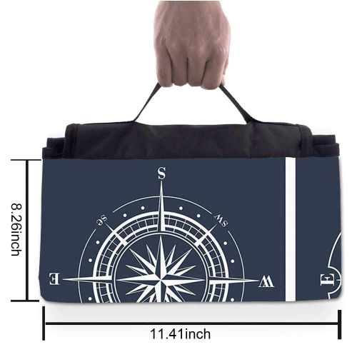  TecBillion Compass Stylish Picnic Blanket,Set of White Compasses with Navy Blue Background Navigation Sailing Themed Art Mat for Picnics Beaches Camping,58 L x 72 W