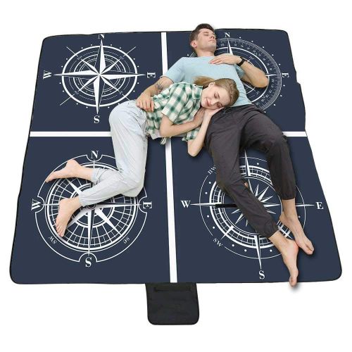  TecBillion Compass Stylish Picnic Blanket,Set of White Compasses with Navy Blue Background Navigation Sailing Themed Art Mat for Picnics Beaches Camping,58 L x 72 W
