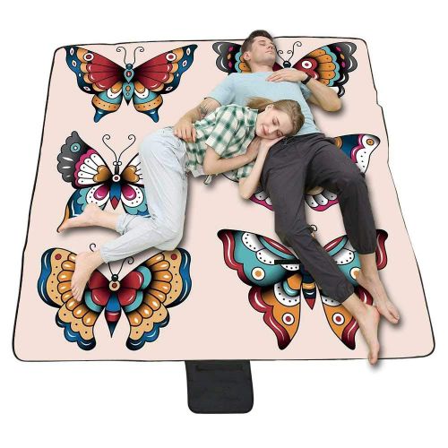  TecBillion Butterflies Outdoor Picnic Blanket,Set of Old School Butterflies with Ornate Colorful Ethnic Style Wings Decor Home Mat for Picnics Beaches Camping,50 L x 78 W