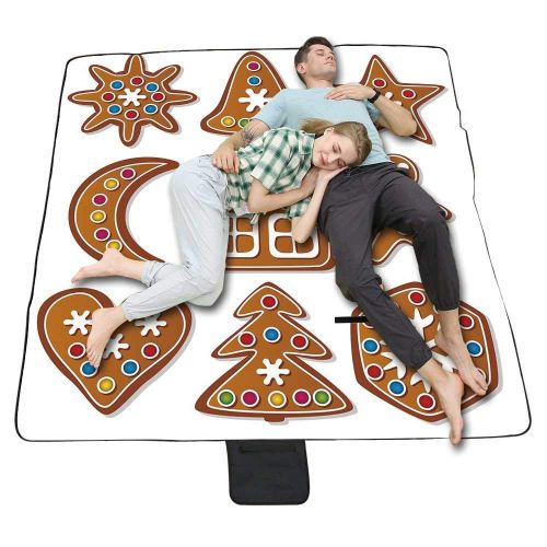  TecBillion Gingerbread Man Outdoor Picnic Blanket,Set of Graphic Gingerbread Sugar Biscuits with Colorful Dots and Bonbons Mat for Picnics Beaches Camping,58 L x 59 W
