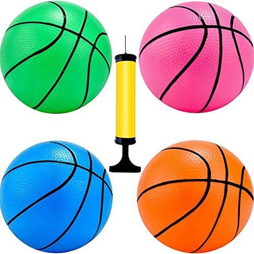  [아마존베스트]TecUnite 4 Pieces Mini Basketball Inflation Mini Ball with Pump and Basketball Needles, 4 Colors (4 Inch)