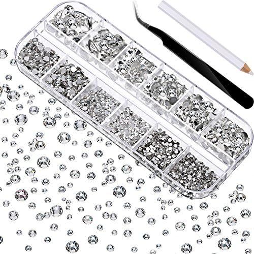  TecUnite 2000 Pieces Flat Back Gems Round Crystal Rhinestones 6 Sizes (1.5-6 mm) with Pick Up Tweezer and Rhinestones Picking Pen for Crafts Nail Face Art Clothes Shoes Bags DIY (C