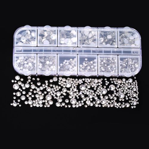  TecUnite 2000 Pieces Flat Back Gems Round Crystal Rhinestones 6 Sizes (1.5-6 mm) with Pick Up Tweezer and Rhinestones Picking Pen for Crafts Nail Face Art Clothes Shoes Bags DIY (C