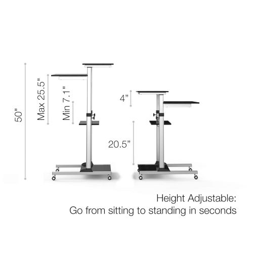  Mobile Standing Desk - TechOrbits Rolling Workstation Cart - Stand Up Media Podium Mobile Desk - Height Adjustable Presentation Computer Cart