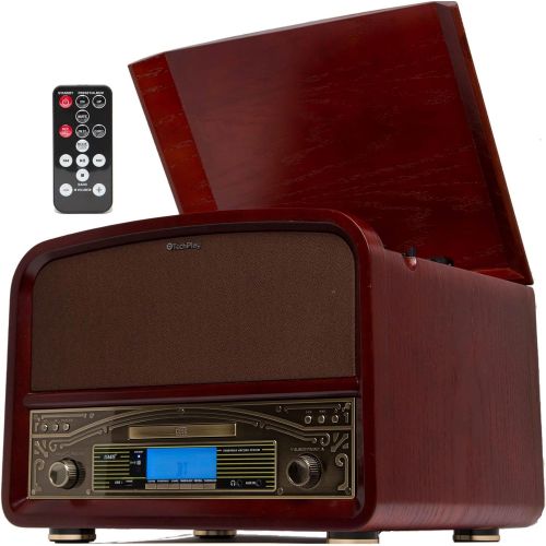  TechPlay TCP9560, High Power 20W Retro Wooden 3 Speed Bluetooth Turntable, with CD Player, AM/FM Radio, USB Recording and Playback with Remote Control. (Cherry Wood)