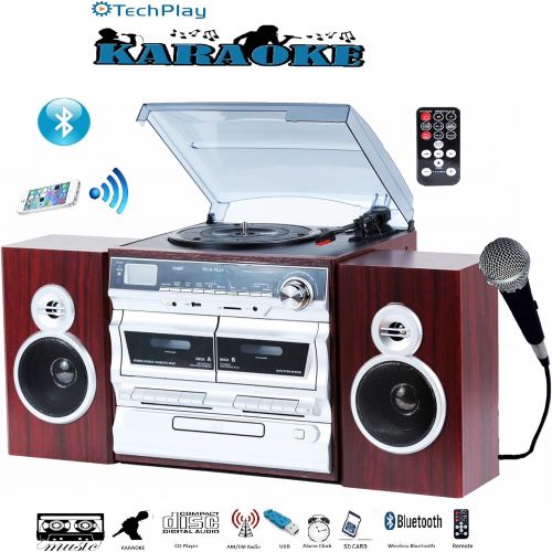  TechPlay Karaoke Enabled, 30W RMS, Retro Classic Turntable, NFC Bluetooth, Double cassette PlayerRecorder, CD MP3 player, USB SD ports, AMFM digital alarm clock and full remote c