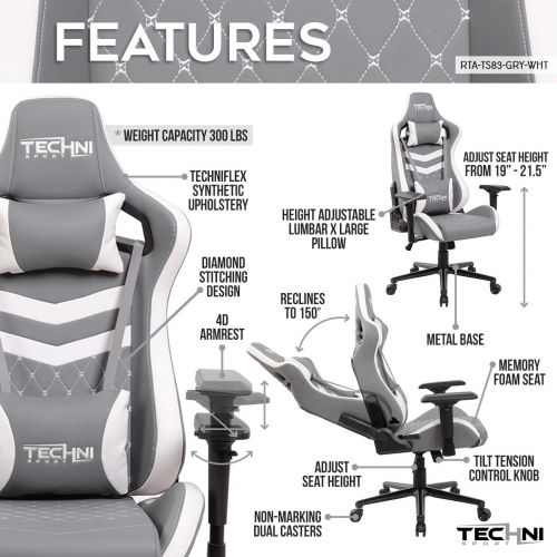  Techni Sport TS-83 Ergonomic High Back Racer Style Video Gaming Chair - Grey & White