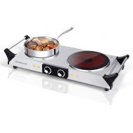 Techwood Electric Stove, Double Infrared Ceramic Hot Plates for Cooking, Two Control Cooktop Burner, Portable Anti-scald handles Suitable for Office/Home/Camp Use, 1800W Compatible for All Cookwares