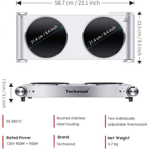  [아마존 핫딜] Techwood Hot Plate Electric Stove Countertop Burner Double Infrared Ceramic Double Cooktop 1800W (900W& 900W) with Adjustable Temperature Control Brushed Stainless Steel Easy To Cl