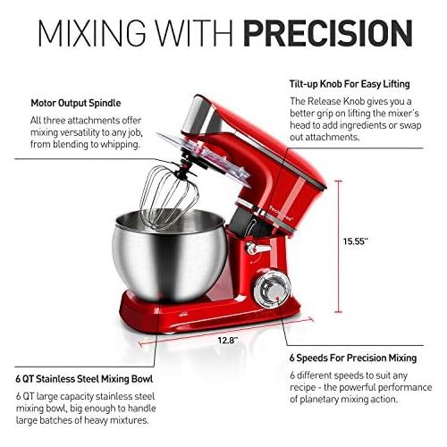  Stand Mixer Electric Mixer, Techwood 6-QT 800W high power 6-Speed Food Mixer, Tilt-Head Kitchen Electric Dough Mixer with Stainless Steel Bowl, Dough Hook, Wire Whip and Beater, Re