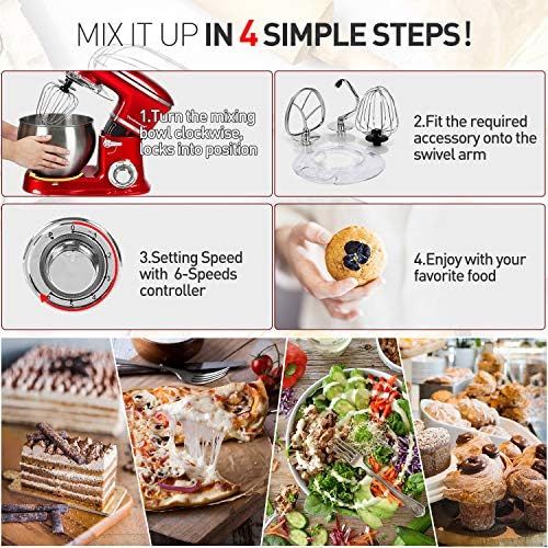  Stand Mixer Electric Mixer, Techwood 6-QT 800W high power 6-Speed Food Mixer, Tilt-Head Kitchen Electric Dough Mixer with Stainless Steel Bowl, Dough Hook, Wire Whip and Beater, Re