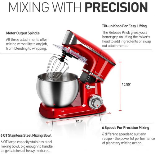  Stand Mixer Electric Mixer, Techwood 6-QT 800W high power 6-Speed Food Mixer, Tilt-Head Kitchen Electric Dough Mixer with Stainless Steel Bowl, Dough Hook, Wire Whip and Beater, Re