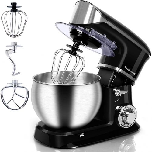  Stand Mixer, Techwood Electric Food Mixer, 6QT 800W 6-Speed Tilt-Head Kitchen Dough Mixer with Stainless Steel Bowl, Dough Hook, Wire Whip and Beater, Black