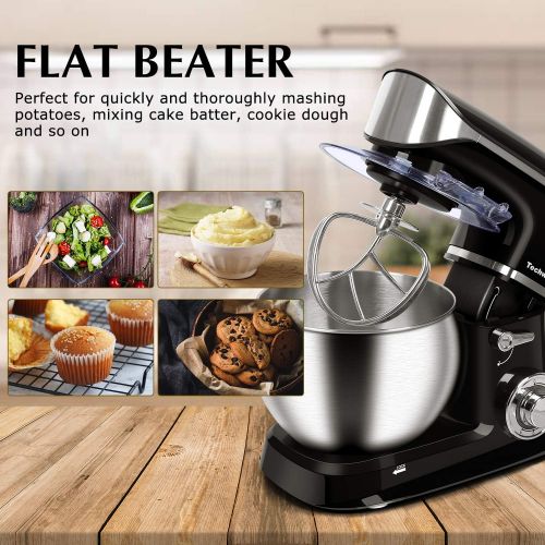  Stand Mixer, Techwood Electric Food Mixer, 6QT 800W 6-Speed Tilt-Head Kitchen Dough Mixer with Stainless Steel Bowl, Dough Hook, Wire Whip and Beater, Black