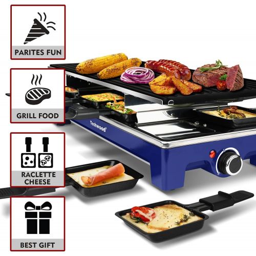  Raclette Table Grill, Techwood Electric Indoor Grill Korean BBQ Grill, Removable 2-in-1 Non-Stick Grill Plate, 1500W Fast Heating with 8 Cheese Melt Pans, Ideal for Parties and Fam