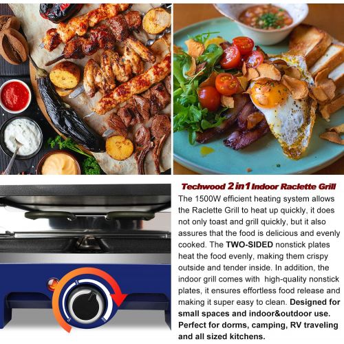  Raclette Table Grill, Techwood Electric Indoor Grill Korean BBQ Grill, Removable 2-in-1 Non-Stick Grill Plate, 1500W Fast Heating with 8 Cheese Melt Pans, Ideal for Parties and Fam