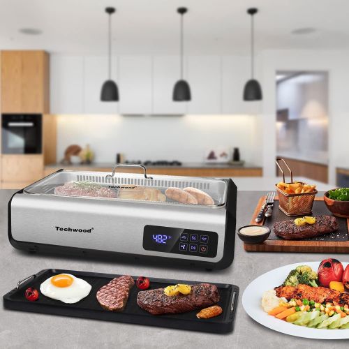  Indoor Smokeless Grill Techwood 1500W Electric Grill with Tempered Glass Lid & LED Smart Control Panel, 8-Level Control Korean BBQ Grill with Removable Grill/Griddle Plate, Stainle