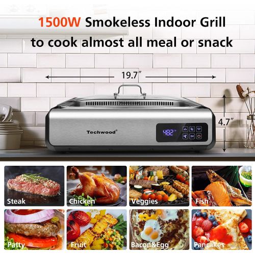  Indoor Smokeless Grill Techwood 1500W Electric Grill with Tempered Glass Lid & LED Smart Control Panel, 8-Level Control Korean BBQ Grill with Removable Grill/Griddle Plate, Stainle