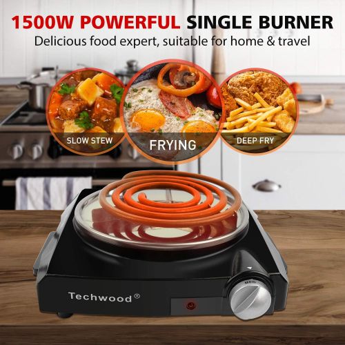  Techwood 1100W Portable Electric Coil Hot Plate Single Burner for Cooking, Countertop Cooktop Stainless Steel Electric Stove, Easy Clean, Upgraded Version