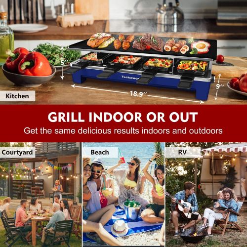  [아마존베스트]Techwood Raclette Table Grill, Electric Indoor Grill Korean BBQ Grill, Removable 2-in-1 Non-Stick Grill Plate, 1500W Fast Heating with 8 Cheese Melt Pans, Ideal for Parties and Fam