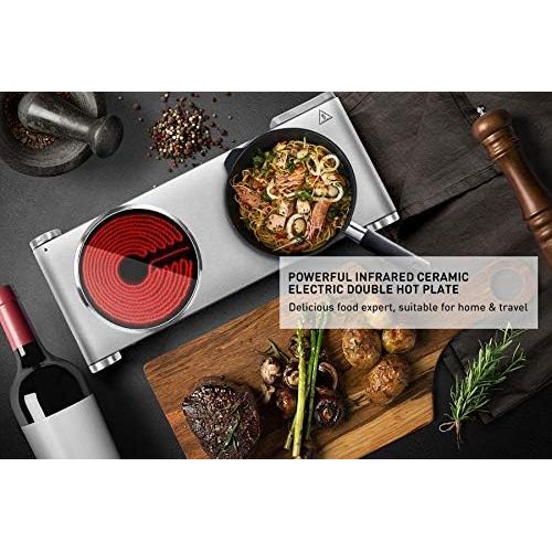  [아마존베스트]Hot Plate Electric Stove, Techwood Electric Double Burner 1800W Powerful Infrared Ceramic Double Cooktop With Adjustable Temperature Control, Compatible for All Cookwares, Indoor &