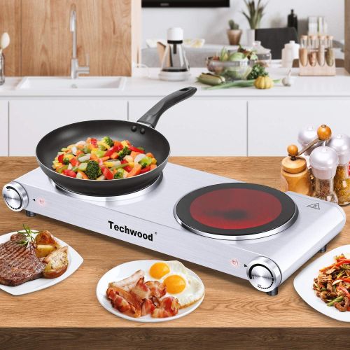  Techwood 1800W Electric Hot Plate, Countertop Stove Double Burner for Cooking, Infrared Ceramic Hot Plates Double Cooktop, Silver, Brushed Stainless Steel Easy To Clean Upgraded Ve