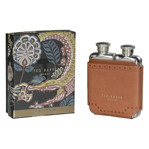  Ted Baker ATED458 Mens Brown Brouge Kiku Stainless Steel Double Hip Flask with Leather Effect Case, 2-3 fl oz