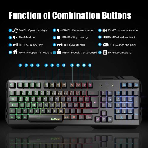  [아마존베스트]Gaming Keyboard, TedGem PC Gaming Keyboard PS4 Gaming Keyboard USB Wired Gaming Keyboard 19 Keys Anti-Ghosting with LED Illuminated Keyboard for PC / Laptop / PS4 / Xbox One (Germa