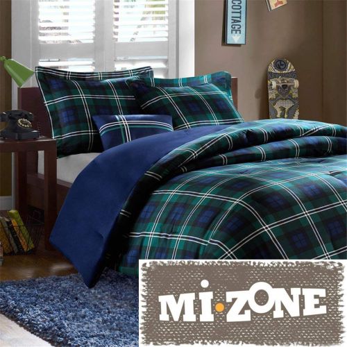  Teen Living Blue & Green Plaid Boys Twin Comforter, Sham & Toss Pillow (3 Piece Bedding)