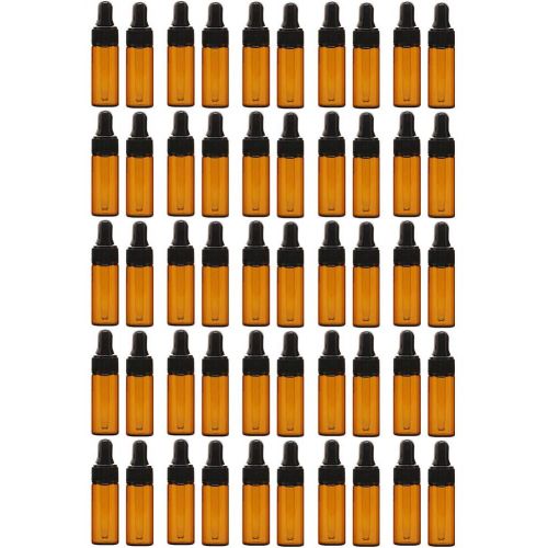  Teensery 50Pcs 5ML Empty Refillable Amber Glass Essential Oil Bottles Perfume Cosmetic Liquid Aromatherapy Lotion Sample Storage Containers Vials Jars with Eye Dropper Dispenser, Black Scre