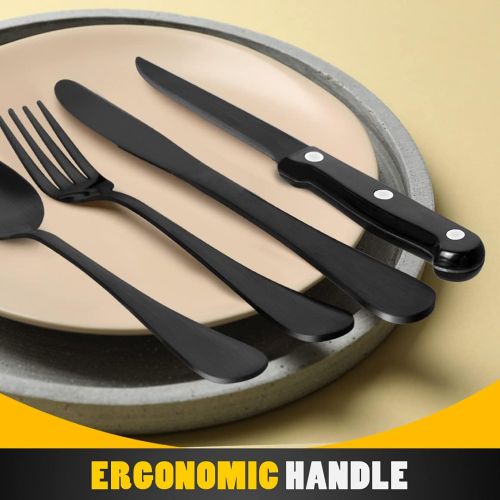  [아마존베스트]Teivio Silverware Set, Flatware Set Mirror Polished, Dishwasher Safe, Include Steak Knife/Fork/Spoon (Black, 24-Pieces)