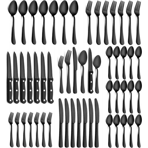  [아마존베스트]Teivio Silverware Set, Flatware Set Mirror Polished, Dishwasher Safe, Include Steak Knife/Fork/Spoon (Black, 24-Pieces)