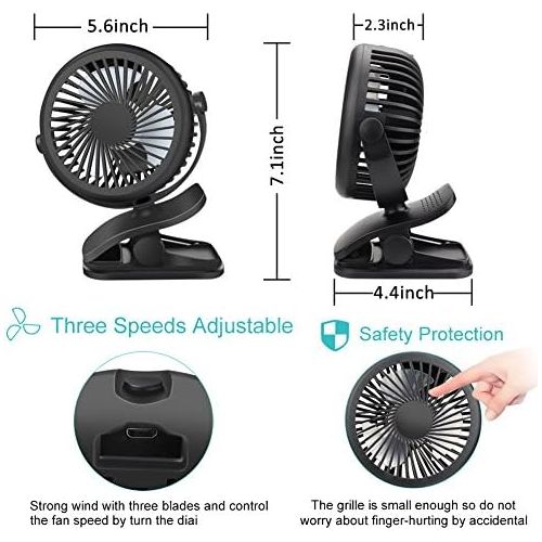  Mini USB Ventilator, Telgoner Leise Clip Tischventilator mit Wiederaufladbare Batterie, 3 Geschwindigkeitsstufen, 360 Drehbare Einstellbare Geschwindigkeiten fuer Schlafzimmer Buero