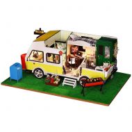 Telisii DIY Miniature Doll House Camper Van with Lawn LED Lights Wooden Frame Birthday Gift Christmas Gift