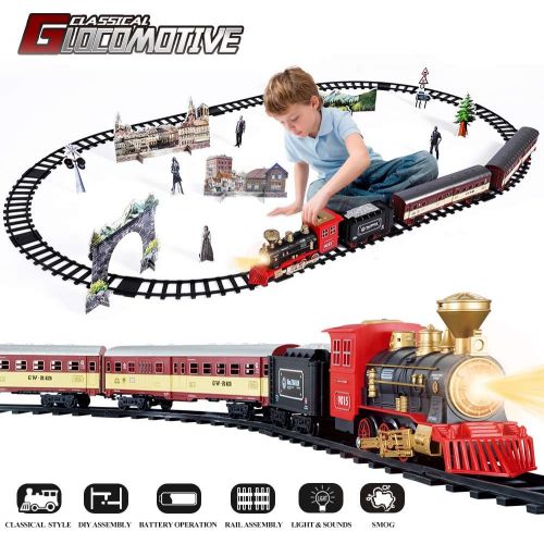  [아마존베스트]TEMI Electronic Classic Railway Train Sets w/ Steam Locomotive Engine, Cargo Car and Tracks, Battery Operated Play Set Toy w/ Smoke, Light & Sounds, Perfect for Kids, Boys & Girls,