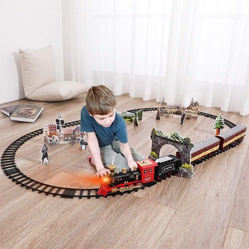  [아마존베스트]TEMI Electronic Classic Railway Train Sets w/ Steam Locomotive Engine, Cargo Car and Tracks, Battery Operated Play Set Toy w/ Smoke, Light & Sounds, Perfect for Kids, Boys & Girls,