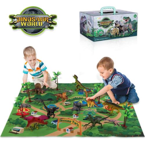  [아마존베스트]TEMI Dinosaur Toy Figure w/ Activity Play Mat & Trees, Educational Realistic Dinosaur Playset to Create a Dino World Including T-Rex, Triceratops, Velociraptor, Perfect Gifts for K