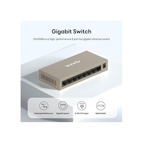  Tenda TEG1008M, 8 Port Gigabit Switch, Unmanaged Ethernet Switch with Traffic Optimization, Plug & Play, Fanless & Metal Design Network Switch Hub, Desktop/ Wall-Mount, Limited Lifetime Protection